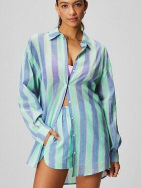 Fabletics Cotton Voile Button Down Shirt Striped Size M NWT